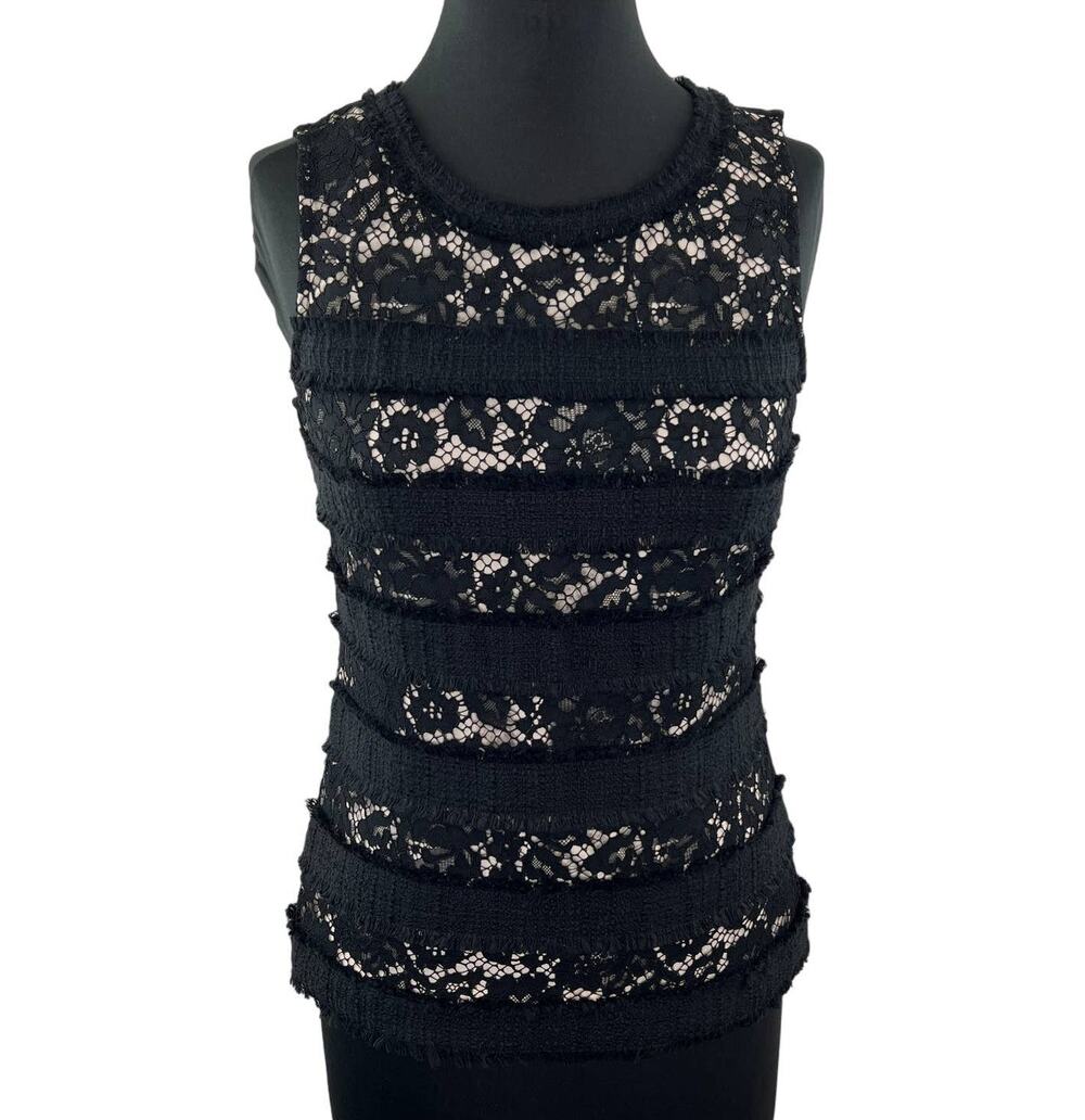 J CREW Black Fringey Top in Tweed & Lace G0356 Sleeveless Crewneck Tank XS